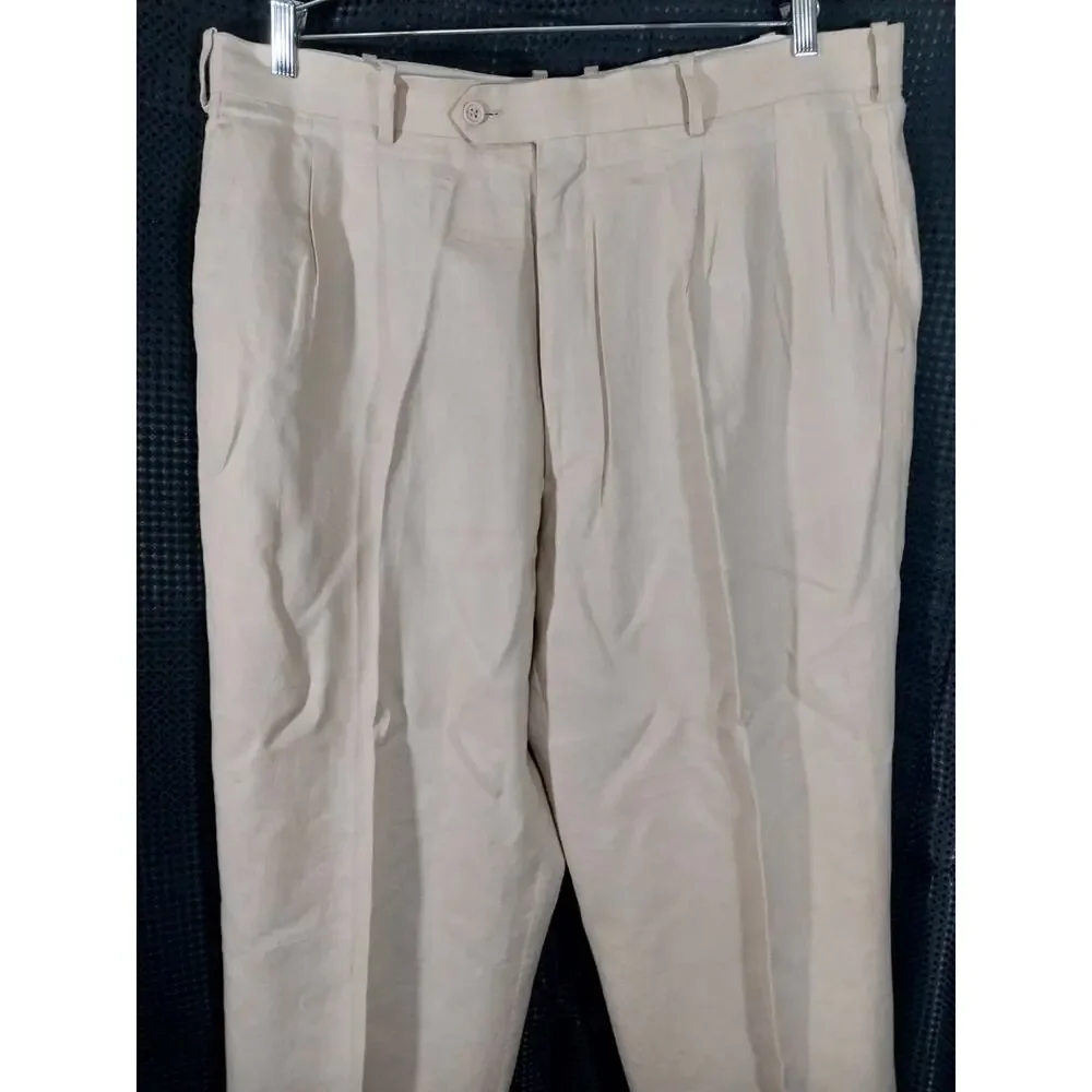 INSERCH! 100% LINEN! NATURAL TAN PLEAT FRONT, CUFFED, WIDE LEG DRESS PANTS! 42W